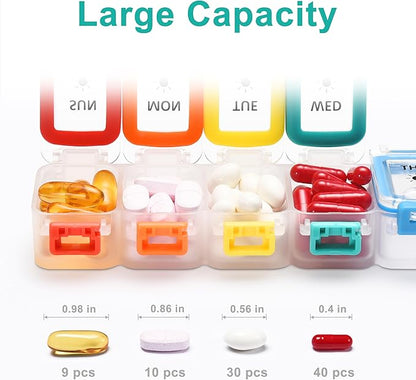 Fullicon Moisture Proof Pill Organizer 2 Times a Day, Large Pill Box 7 Day, Spill Proof Pill Case, Travel Pill Container, Medicine Pill Organizer with Secure Lids, Daily Pill Organizer (Rainbow Clear)