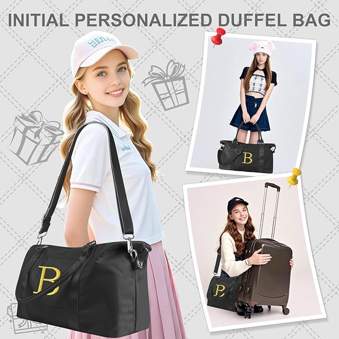 Personalized Initial Gym Dance Bag, Travel Duffel Bag for Teen Girls, Carry On Bag Overnight Weekender Bag with Trolley Sleeve, Birthday Gifts for Women Mom Daughter Graduation Gift(Letter B, Black)