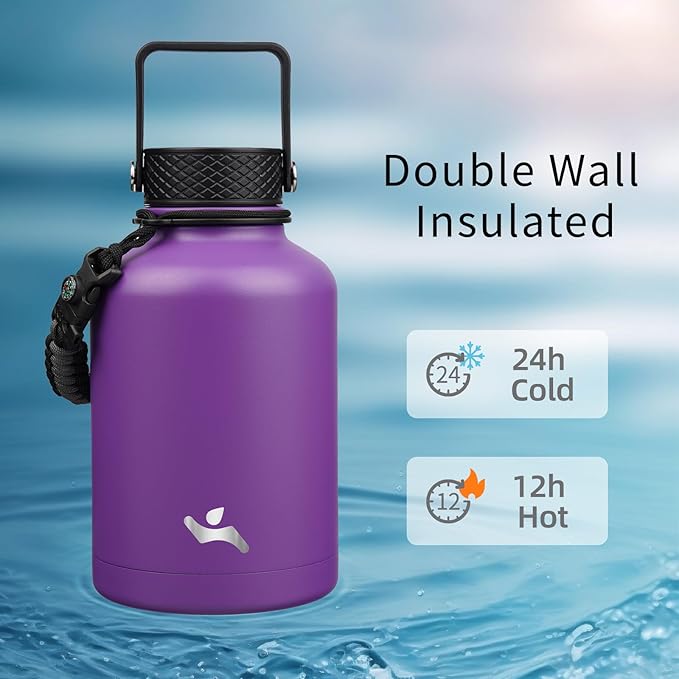 Insulated Water Bottle with Straw,50 oz 3 Lids Water Jug with Carrying Bag,Paracord Handle,Double Wall Vacuum Stainless Steel Metal Flask,Purple