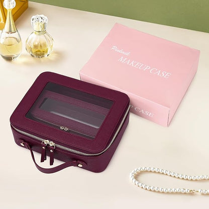 Pinkmik Clear Makeup Bag with Brush Bag 2pcs Waterproof Travel Case for Cosmetics and Toiletries Women's Cosmetic Organizer with Zipper (X/Burgundy, L+SLIM)