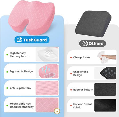 TushGuard Office/Car Seat Cushion, Non-Slip Sciatica & Back Coccyx Tailbone Pain Relief Chair Pad, Memory Foam Butt Pillow for Computer Desk, Wheelchair, Driving (Pink, XX-Large)