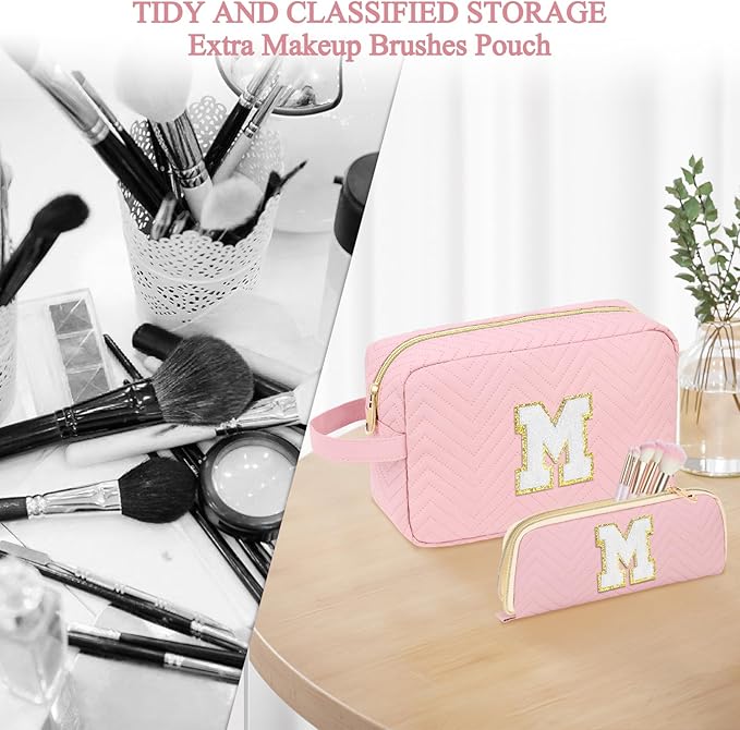 Personalized Initial Makeup Bag Trendy Stuff Leather Waterproof Cosmetic Bag Travel Toiletry Bag, Christmas/Thanksgiving/Halloween Gifts Makeup Organizer Case for Women Girls Mom Girlfriend Wife