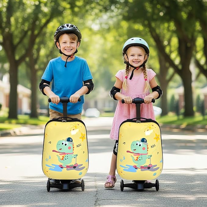 smilesun 4-in-1 Detachable Scooter Luggage for Kids & Teens, Hardside Ride-On Suitcase with Dinosaur Design, Lightweight Foldable, Perfect Travel Gift for Boys(Yellow 22-inch)