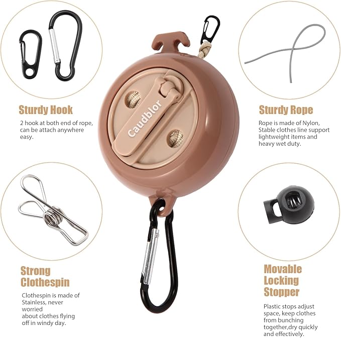 Portable Travel Clothesline Cord, Caudblor Adjustable 33ft Camping Clothes line, Laundry Drying Rope for Hotel Trip, Cruise, Outdoor/Indoor, with 12Pcs Stoppers, Windproof Clothespins