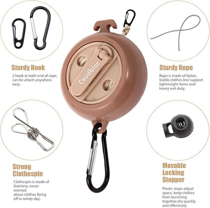 Portable Travel Clothesline Cord, Caudblor Adjustable 33ft Camping Clothes line, Laundry Drying Rope for Hotel Trip, Cruise, Outdoor/Indoor, with 12Pcs Stoppers, Windproof Clothespins