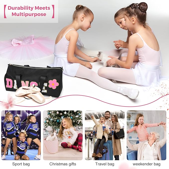Dance Bag for Girls, KUIRAN Travel Duffel Bag with Shoe Compartment Lightweight Gym Sport Ballet Weekender Bag - Black/Shoe Compartment