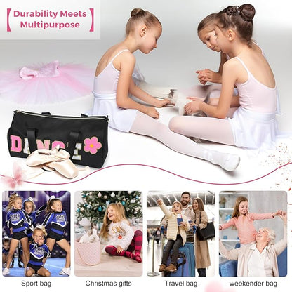 Dance Bag for Girls, KUIRAN Travel Duffel Bag with Shoe Compartment Lightweight Gym Sport Ballet Weekender Bag - Black/Shoe Compartment