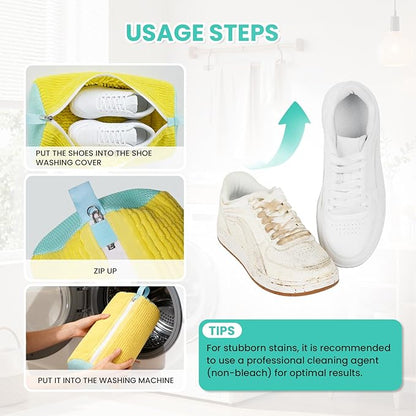 Shoe Washing Machine Bag, 2-Pack Reusable Shoe Bag for Washing Machine, 360° Deep Clean for Sneaker, Running Shoes,Bras, Delicates and Toys, Includes 2 Shoe Storage Dust Bags(Yellow)