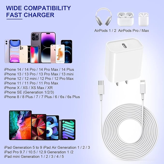 iPhone Charger Cord 6FT,3Pack【Apple MFi Certified】 USB C iPhone Fast Charger Phone Charging Travel Plug Charger Block Quick Apple Cord Lightning Cable for iPhone 14/13/12/11 Pro Max/XR/X/XS/SE2022