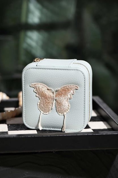 S.Leaf Travel Jewelry Organizer Boxes for Women Small Portable Necklace Earrings Bracelet Rings Travel Case Best Friend Birthday Gifts for Women Trendy (Butterfly_Hazeblue_Gold)
