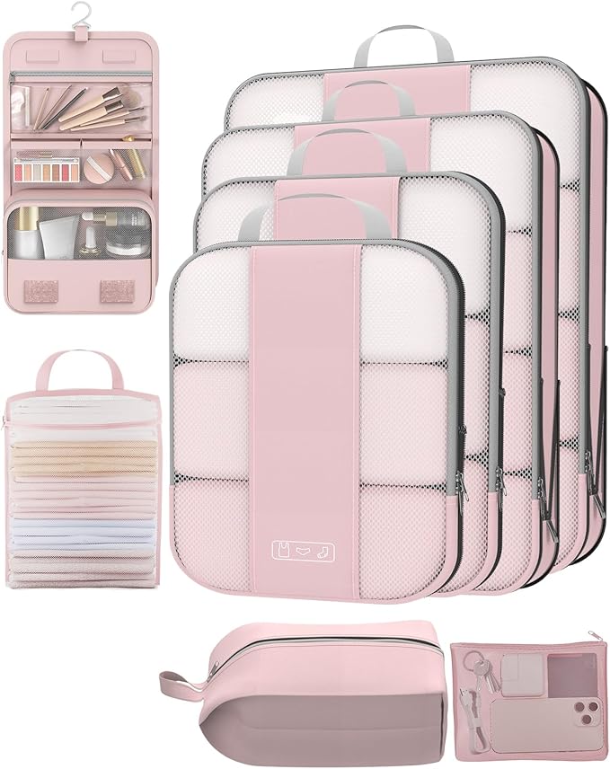 8 Set Compression Packing Cubes for Travel Essentials,Compressible Expandable Packing Cubes for Suitcase,OlarHike Luggage Organizer Bags for Travel,Handy Helper for Organizing Clothes(Pink)