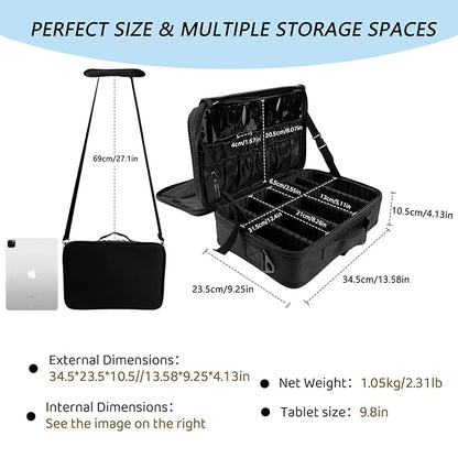 gzcz Travel Makeup Bag,Professional Cosmetic Bags for Women,Portable Makeup Brush Case Organizer Storage with Adjustable Dividers and Shoulder Strap (Medium)