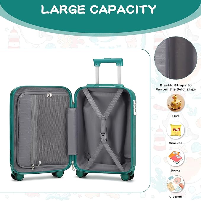 Somago 4 Piece Kid's Luggage with Backpack Set for Boys Girls Spinner 18" Hardside PC Rolling Carry on Suitcase with TSA Lock (Seashell Blue)