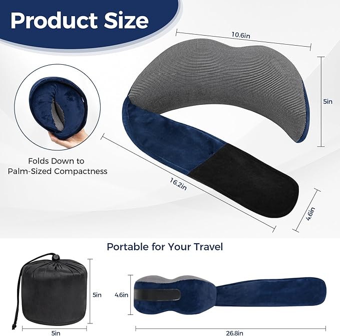 Memory Foam Neck Pillow for Airplane Travel - Ergonomic Support for Long Flights, Car Rides, Office & Home Use - Includes Contoured Eye Mask & Head Support - Adjustable Sizes M-L（Navy）