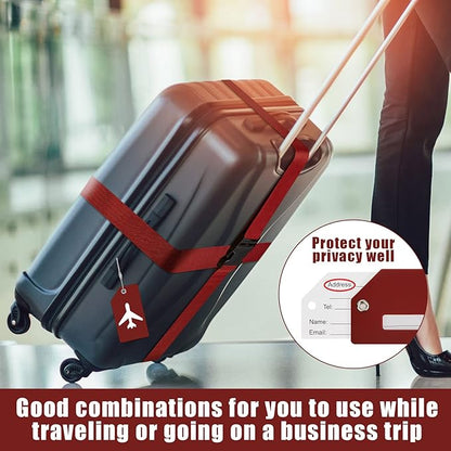 Weewooday 8 Pcs Luggage Straps Suitcase Tags Set for TSA Approved, 4 Travel Adjustable Suitcase Belt, 4 Silicone Luggage Tags with Name ID Card Travel Accessories(Wine Red,Airplane)