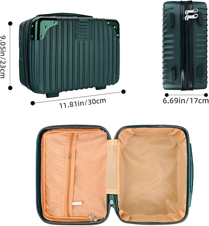 Dark Green 14inch Hard Shell Cosmetic Organizer Travel Train Hand Luggage Small Portable Carrying Suitcase Makeup Case Bag for Women Toiletry