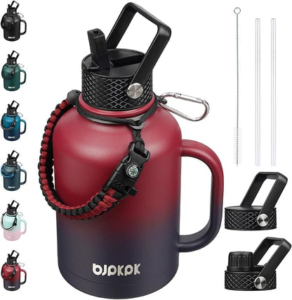 BJPKPK Large Insulated Water Bottles with Straw Lid & Handle, 50oz,64oz,87oz,128oz Water Bottle with 3 Lids and Paracord Strap,Stainless Steel Metal Water Bottle, nsulated Water Jug,Charming Red