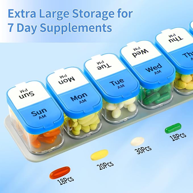 Daviky Large Pill Organizer 2 Times a Day - XL Pill Box 7 Day, Big Vitamin Holder with 7 Detachable AM/PM Compartments, Big Supplement Container for Weekly or Daily Use (Blue)