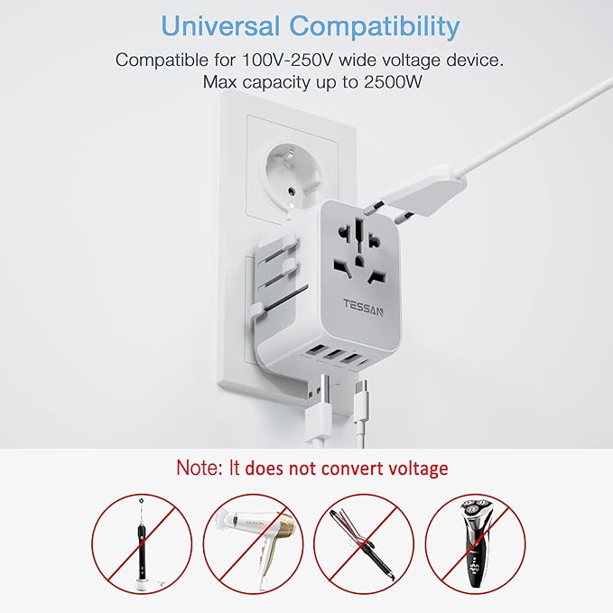 TESSAN Universal Travel Adapter, International Power Adapter with 4 USB Ports (1 USB C), Worldwide Plug Adaptor Wall Charger for USA to Europe UK France Germany Spain Ireland Australia(Type C/G/A/I)