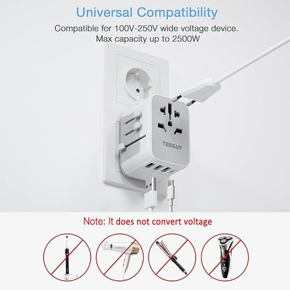 TESSAN Universal Travel Adapter, International Power Adapter with 4 USB Ports (1 USB C), Worldwide Plug Adaptor Wall Charger for USA to Europe UK France Germany Spain Ireland Australia(Type C/G/A/I)