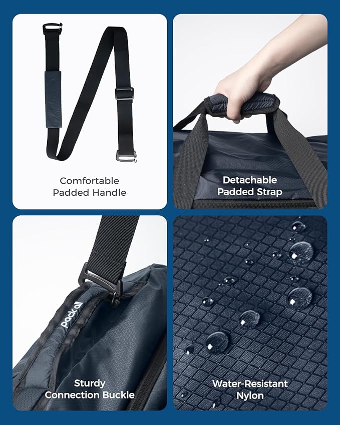pack all 65L Foldable Travel Duffel Bag, Packable Weekender Bag with Shoe Compartment, Water-Resistant Gym Bag with Adjustable Strap for Overnight, Sports and Camping (Navy)