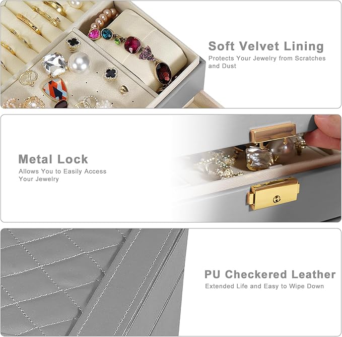 GUOER Jewelry Box for Women Girl Wife - Large PU Leather Jewelry Organizer Storage Case with Two Layers Display for Earrings Bracelets Rings Watches (Grey)
