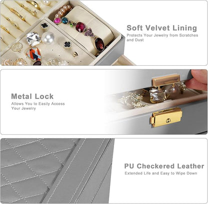 GUOER Jewelry Box for Women Girl Wife - Large PU Leather Jewelry Organizer Storage Case with Two Layers Display for Earrings Bracelets Rings Watches (Grey)