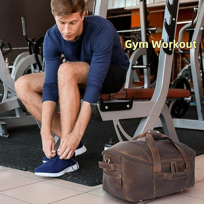 Masa Kawa Leather Duffle Bags for Men Travel Gym Cowhide Weekender Overnight 30L Carry on Luggage Duffel Bag with Dividers Toiletry Wet Pocket, Vintage Brown