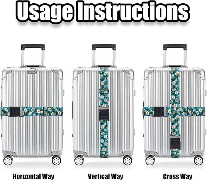 Nuxovilar Luggage Straps of 2 Set White Daisies on Blue Background Pattern, Durable Material 1.96 * 70.86 Inches for Suitcases, Travel Gear for 22-28 Inch Luggage, Perfect for Spring Trips