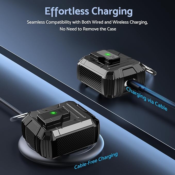 DASFOND Armor Cover AirPods 2nd & 1st Generation Case, Military Grade Full Body Shockproof Protection Hard Case, Support Wireless Charging with Keychain, Magnetic Lid, Front LED Visible, Black