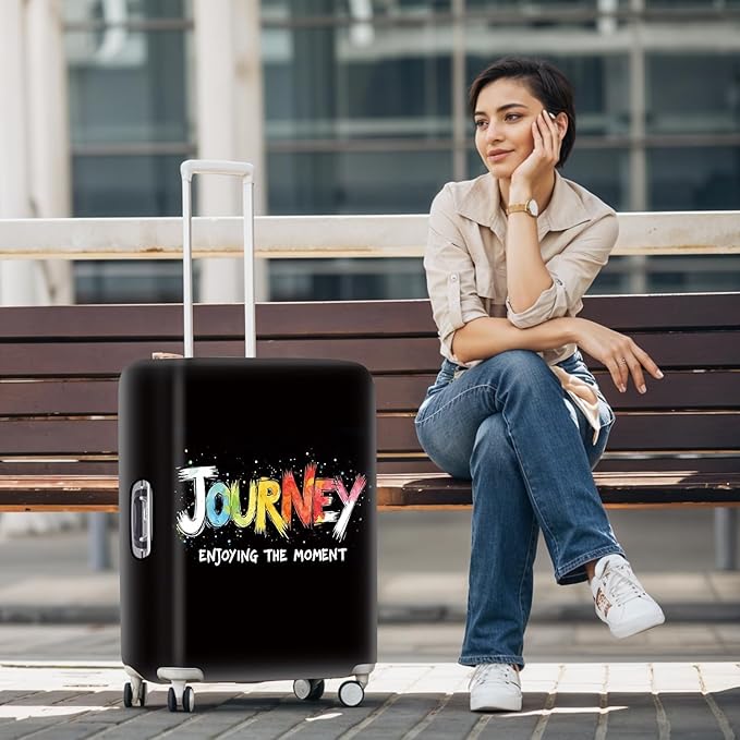 Colorful Journey Luggage Cover – Elastic Space-Themed Travel Suitcase Protector with Wheels, 'Enjoying the Moment' Design,L