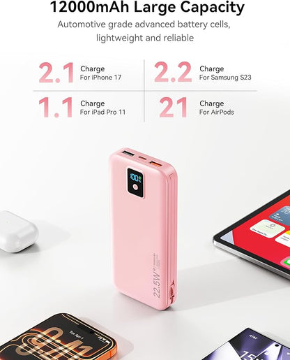 Portable Charger, 12000mAh 22.5W Fast Charging Power Bank with Built-in Cables & Wall Plug, Travel Essentials Battery Pack with LED Display, USB C External Battery Bank for iPhone iPad, Samsung Pink