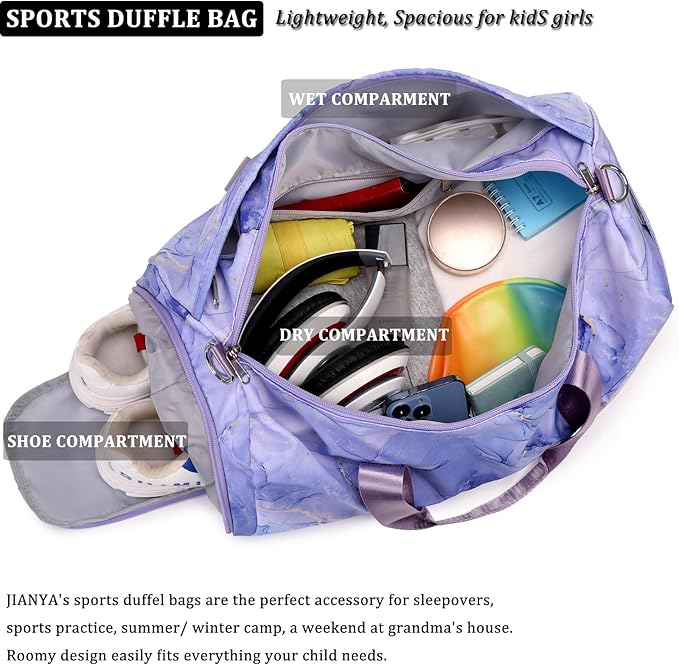 JIANYA Kids Duffle Bag for Girls Teens Sports Gymnastics Sleepover Bag with Shoe Compartment, Marble Purple