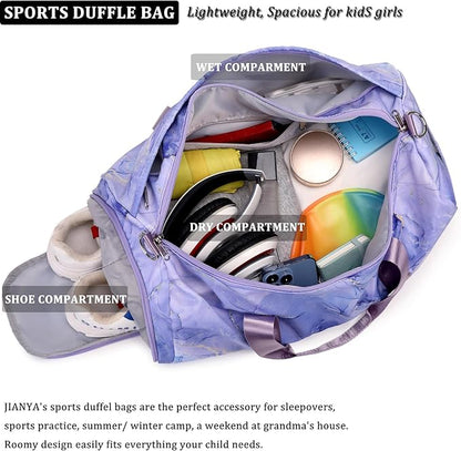 JIANYA Kids Duffle Bag for Girls Teens Sports Gymnastics Sleepover Bag with Shoe Compartment, Marble Purple
