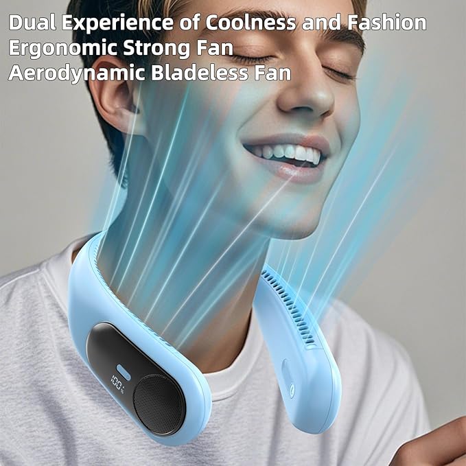 Portable Neck Fan,Personal Wearable Bladeless Fan,LED Display,4-Speeds,6000mAh USB Rechargeable,360° Strong Cooling Wind,Hands Free,Long Lasting,Birthday Gifts for Men Women Dad Mom (Light blue)