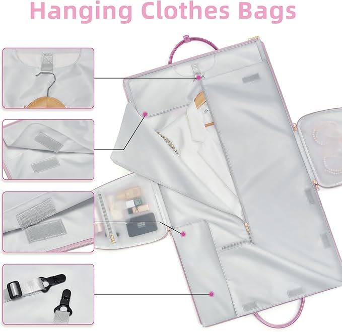 Convertible Garment Duffle Bag for Women, Foldable 2-in-1 Carry On Travel Bag with Shoe Compartment & Toiletry Pocket, PU Leather Stylish Garment Bags for Business Trip, Vacation, Pink-White