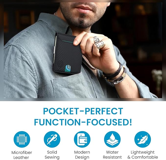 Mens Wallet | 11 Credit Card Holder | Built-In Money Clip | Slim Minimalist | RFID Blocking | Premium Leather | Gift for Him, Carbon, SNM097