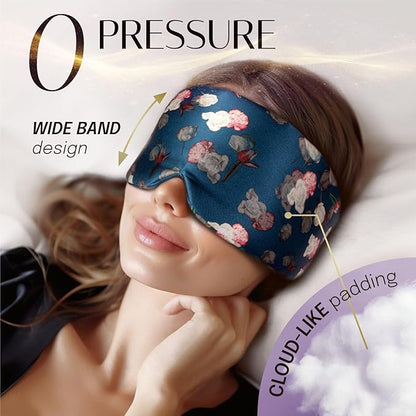 Silk Sleep Mask Soft Pressureless: 100% Mulberry Silk for Eye Skin Anti Wrinkles, Large Size for Total Blackout, Adjustable Wide Velcro Ear Cover, Print