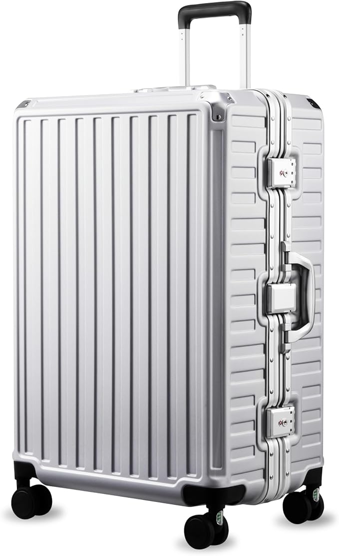 LUGGEX Checked Suitcase with Spinner Wheels, 8010S Aluminum Frame Zipperless Polycarbonate Hard Shell Suitcase (ZX-Core, Silver, 28 Inch)