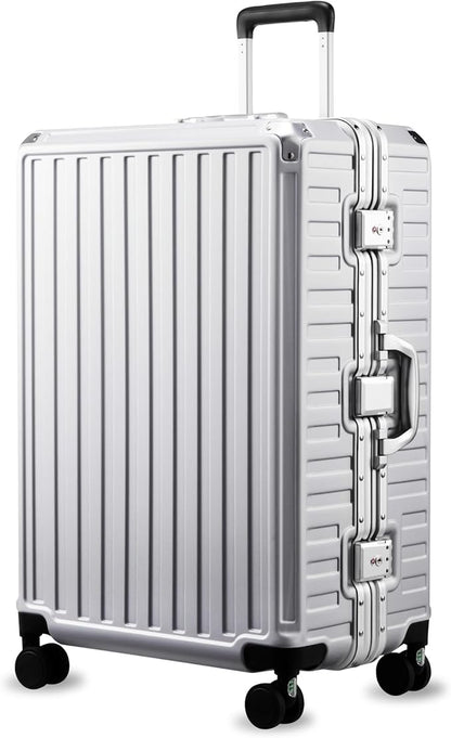LUGGEX Checked Suitcase with Spinner Wheels, 8010S Aluminum Frame Zipperless Polycarbonate Hard Shell Suitcase (ZX-Core, Silver, 28 Inch)