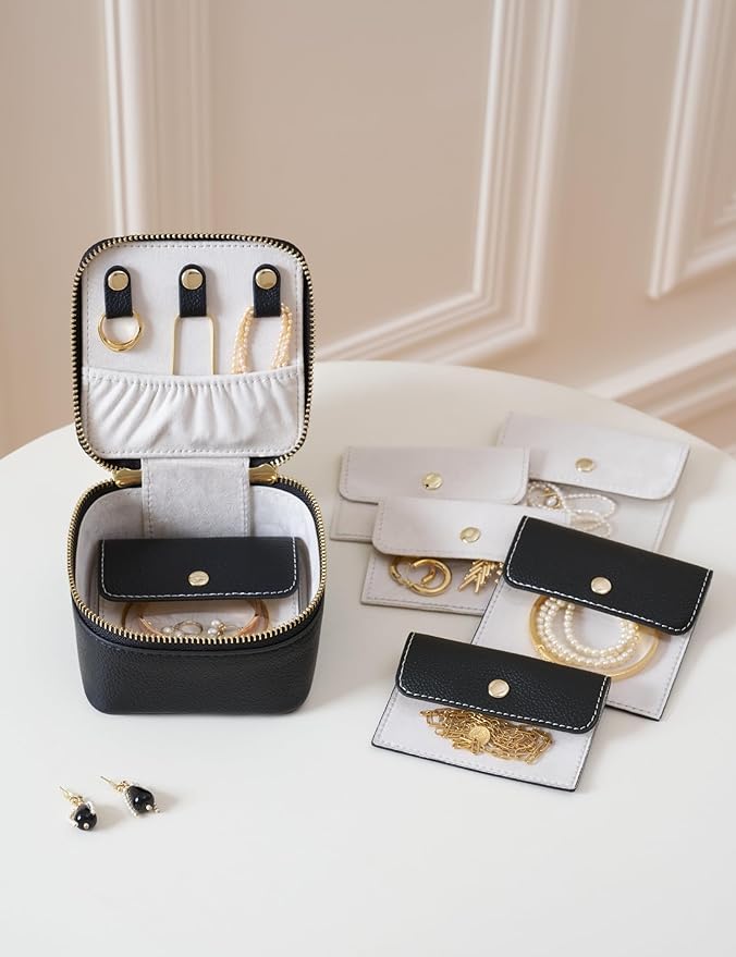 Popvibe Travel Jewelry Box Organizer Small Jewelry Case with 6 Jewelry Bags Mini Pouch, Portable Traveling Jewelry Case for Women, Black Leather Compact Jewelry Travel Necklace Case Holder