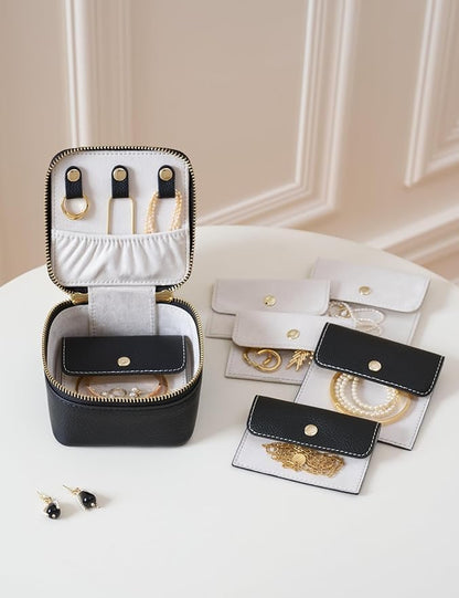 Popvibe Travel Jewelry Box Organizer Small Jewelry Case with 6 Jewelry Bags Mini Pouch, Portable Traveling Jewelry Case for Women, Black Leather Compact Jewelry Travel Necklace Case Holder