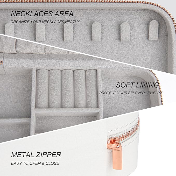 Travel Jewelry Boxes Organizer, Zippered Portable Small Travel Jewellery Boxes for Women, Earring Organizer for Rings Earrings Necklaces White