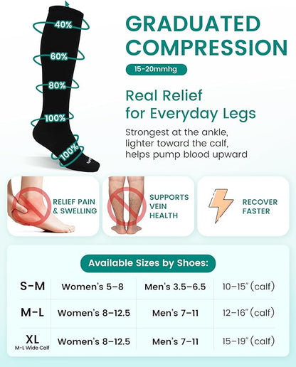 HAPIU Merino Wool Easy On Compression Socks for Women & Men, 15-20 mmHg, Plus Size Knee High Stocking for Nurses, Pregnancy, Travel, Flight, Medias de Compresión Mujer