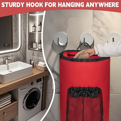 Laundry Bag Backpack with 3 Sizes Mesh Wash Bags and Shoulder Straps Foldable Clothes Hamper Bag with Drawstring Closure for College, Apartment, Laundromat (Red)