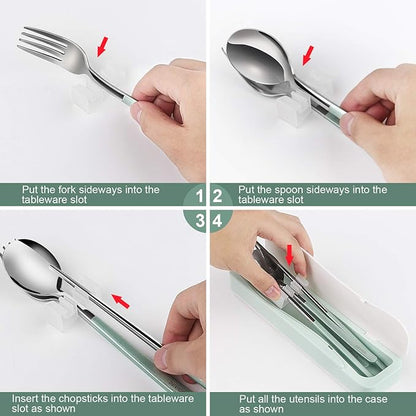 DEVICO Travel Utensils, 18/8 Stainless Steel 4pcs Cutlery Set Portable Camp Reusable Flatware Silverware, Include Fork Spoon Chopsticks with Case (Light Green)