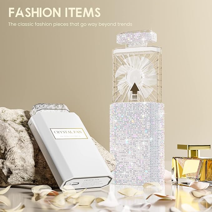 LIGHTDESIRE DIY Bling Crystal Rhinestones Handheld Mini Personal Cooling Fan, 3 Speeds Mode with Crystal Rhinestones Sticker Sheet (White Fan with DIY Diamonds)