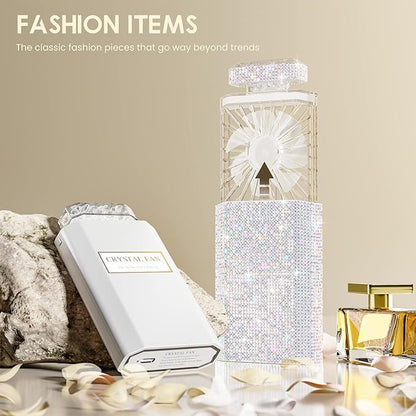 LIGHTDESIRE DIY Bling Crystal Rhinestones Handheld Mini Personal Cooling Fan, 3 Speeds Mode with Crystal Rhinestones Sticker Sheet (White Fan with DIY Diamonds)