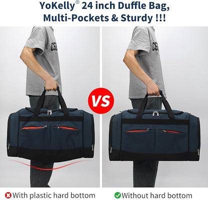 24 inch Large Gym Bag for Men - 65L Hard Bottom Duffle Bag with Shoes Compartment for Sport/Travel - Navy Blue