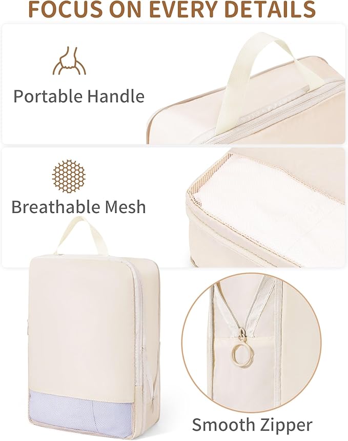 Compression Packing Cubes 11 Set, Suitcase Organizers, Luggage Organizer Bags for Storage, Extendable Packing Cubes for Travel Compression, Travel Essentials, Beige